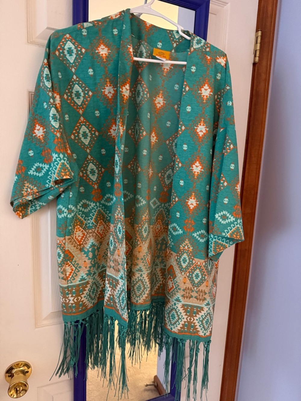 Ruby Rd. Teal Aztec Fringe Kimono